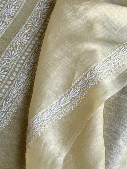 Lemon Yellow Linen Chikankari Unstitched Men's Kurtas Fabric