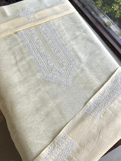 Lemon Yellow Linen Chikankari Unstitched Men's Kurtas Fabric