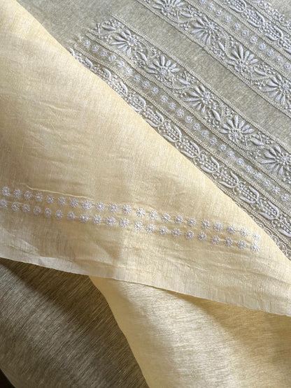 Lemon Yellow Linen Chikankari Unstitched Men's Kurtas Fabric