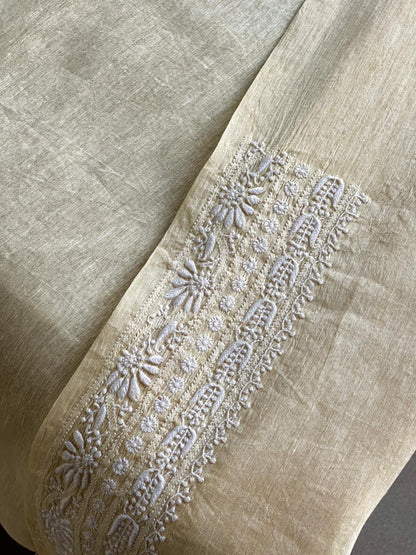 Lemon Yellow Linen Chikankari Unstitched Men's Kurtas Fabric