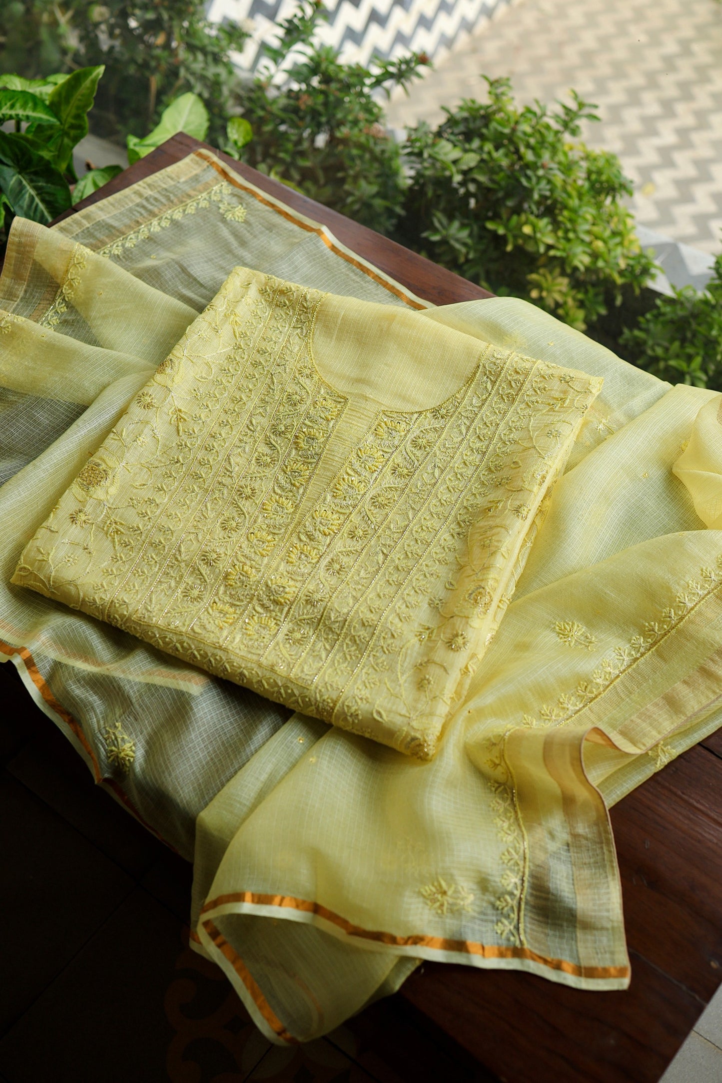 Lemo Rasm Kota Tussar Chikankari Unstitched Chikankari Fabric