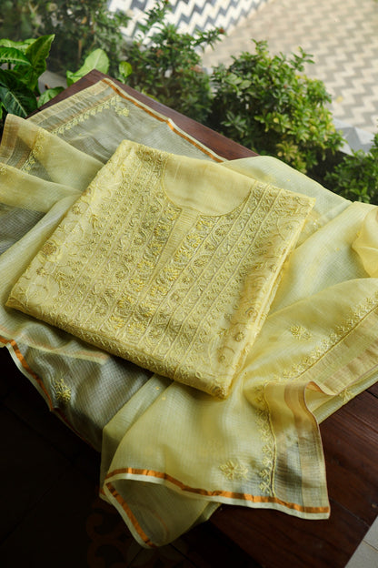 Lemo Rasm Kota Tussar Chikankari Unstitched Chikankari Fabric