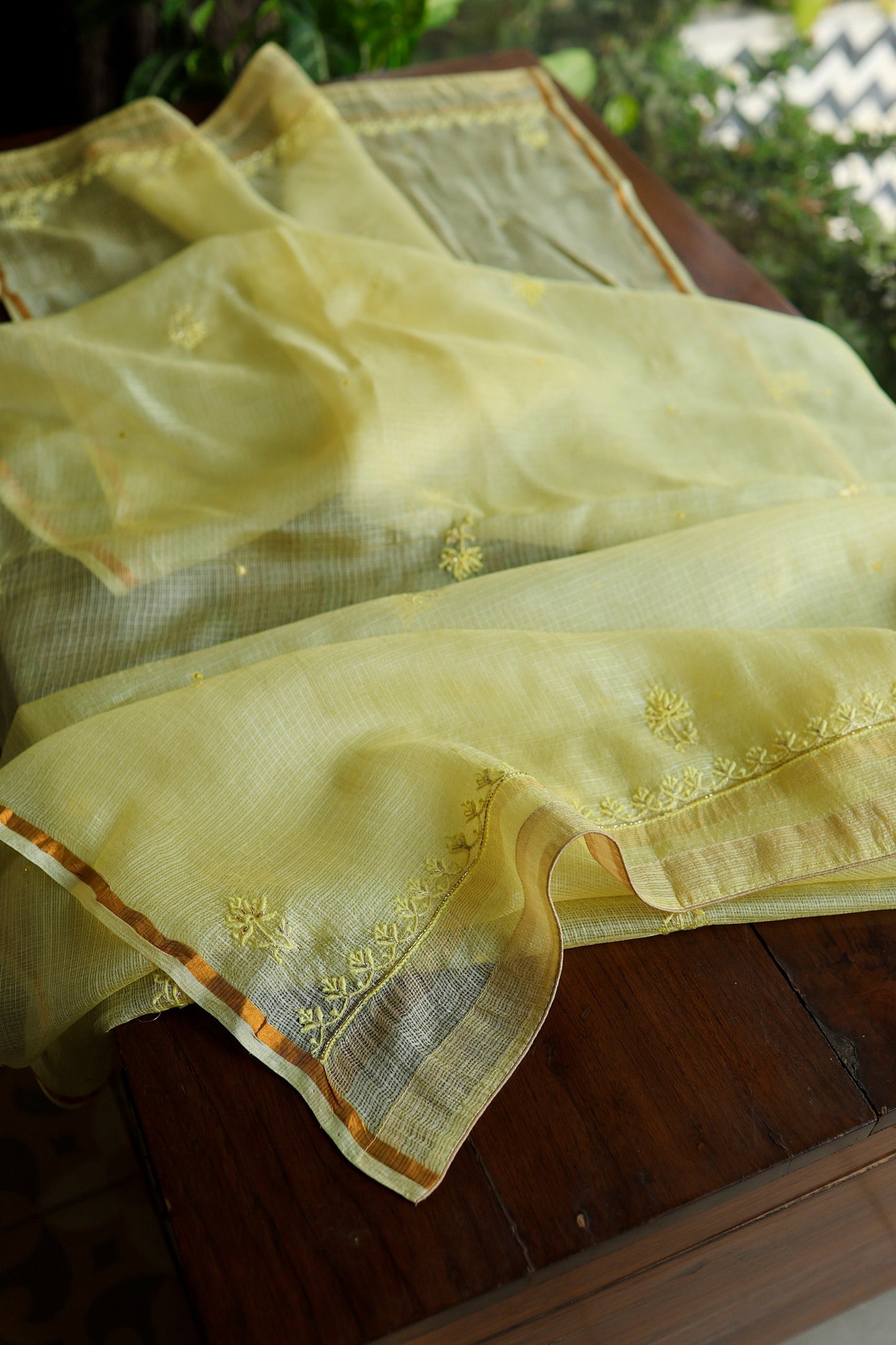 Lemo Rasm Kota Tussar Chikankari Unstitched Chikankari Fabric