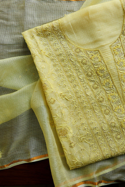 Lemo Rasm Kota Tussar Chikankari Unstitched Chikankari Fabric