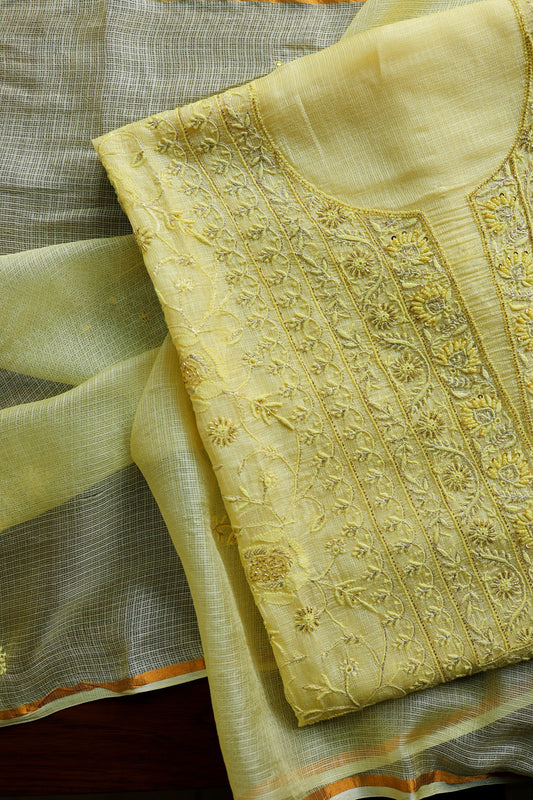 Lemo Rasm Kota Tussar Chikankari Unstitched Chikankari Fabric