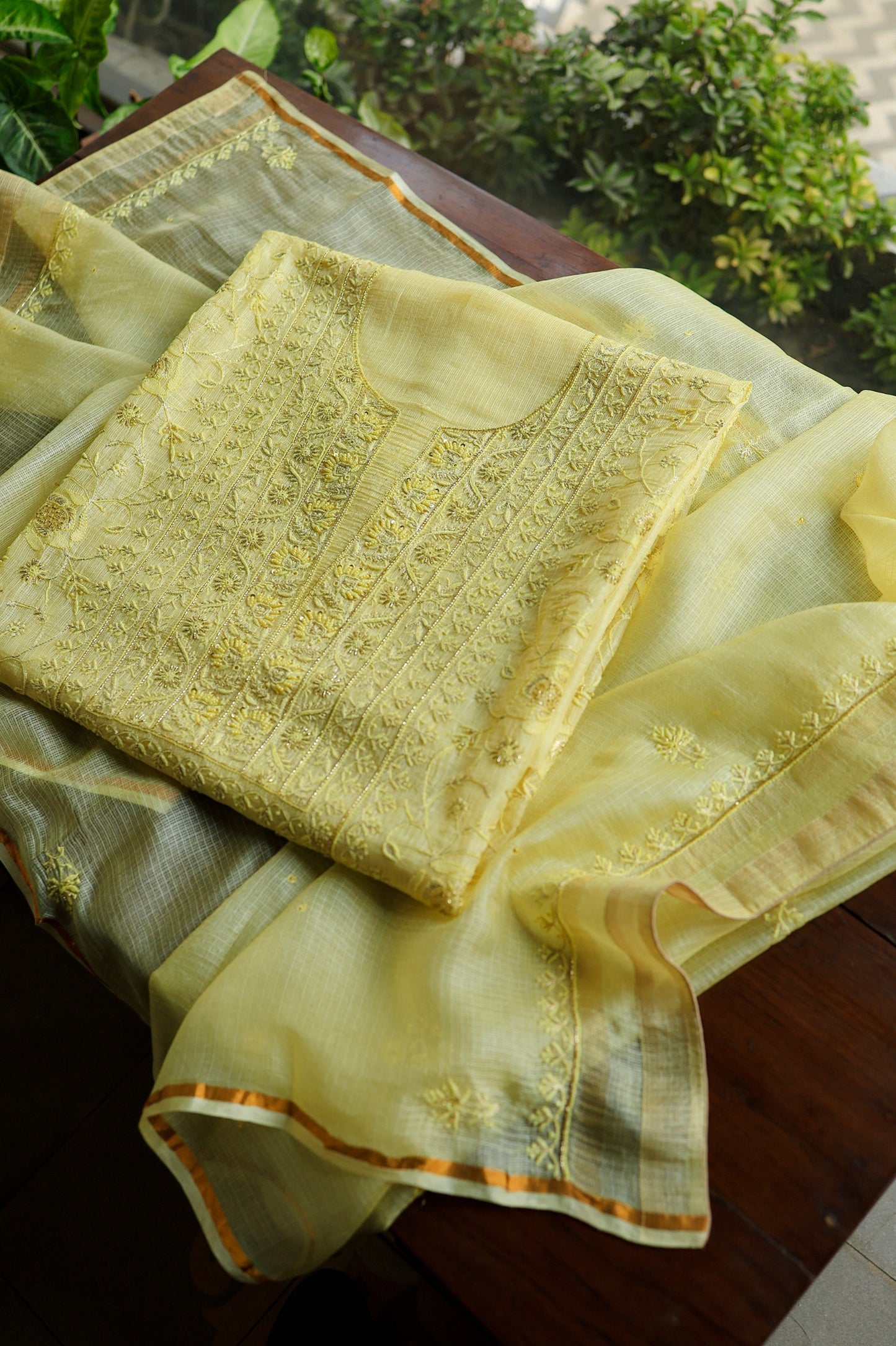 Lemo Rasm Kota Tussar Chikankari Unstitched Chikankari Fabric