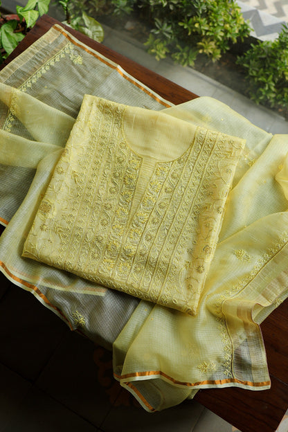 Lemo Rasm Kota Tussar Chikankari Unstitched Chikankari Fabric