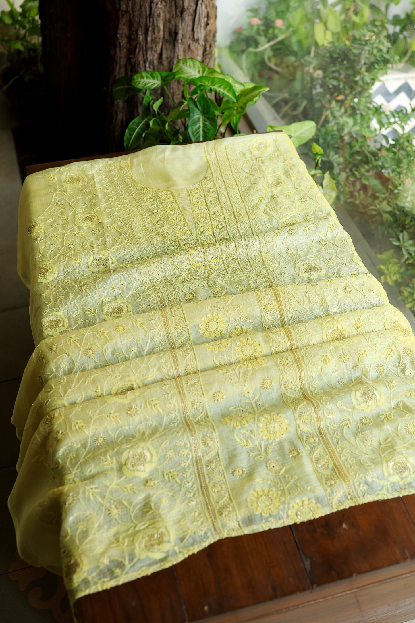 Lemo Rasm Kota Tussar Chikankari Unstitched Chikankari Fabric