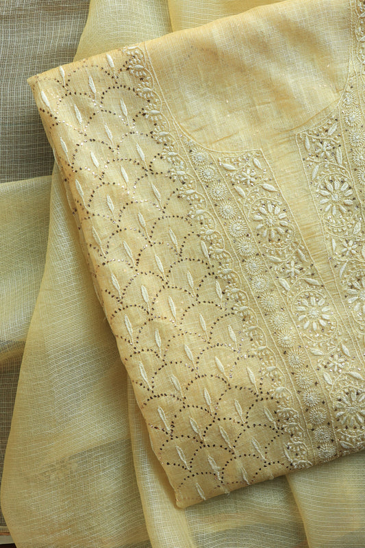 Lemon Yellow Rasm Kota Tussar Chikankari Unstitched Chikankari Fabrics