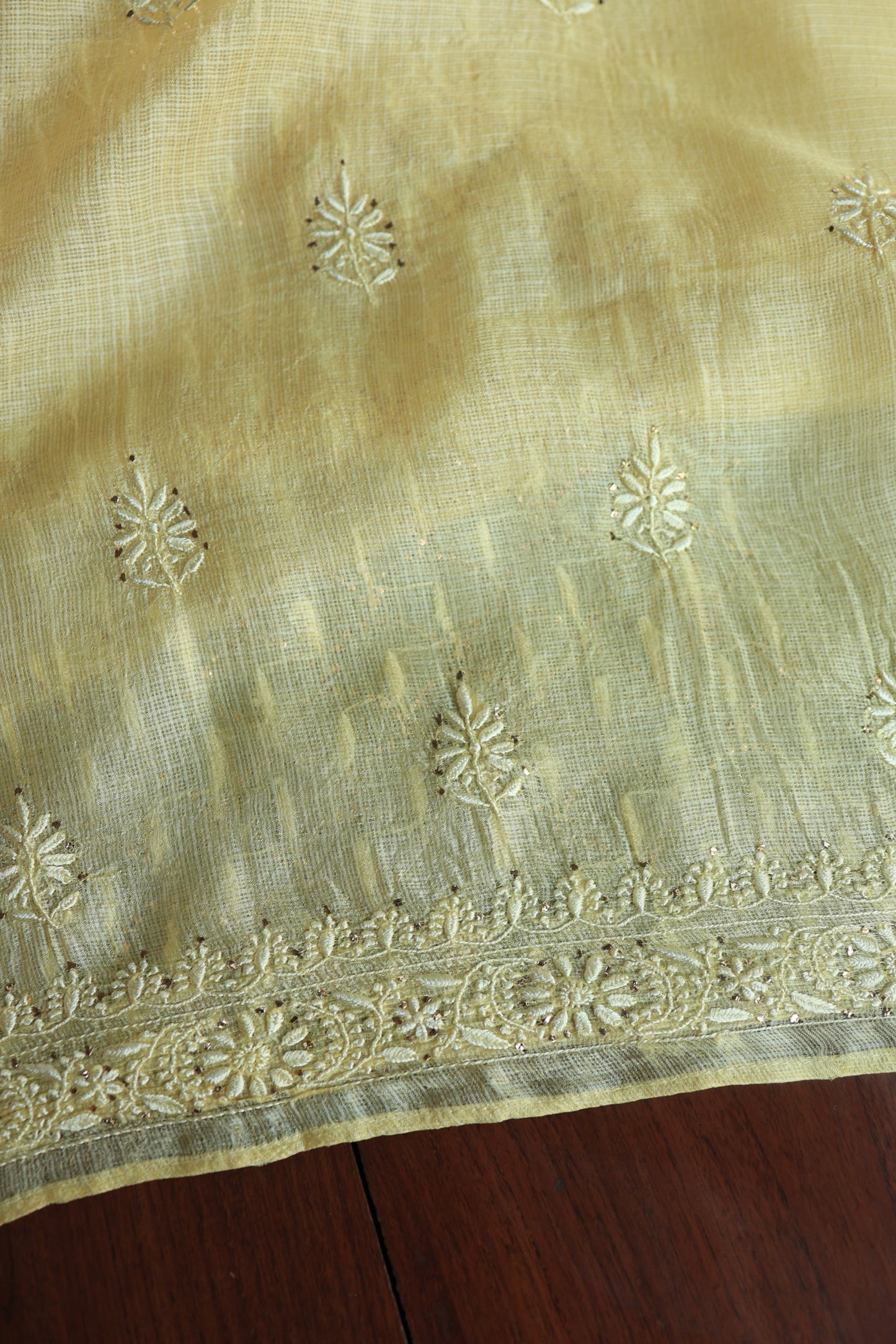 Lemon Yellow Rasm Kota Tussar Chikankari Unstitched Chikankari Fabrics