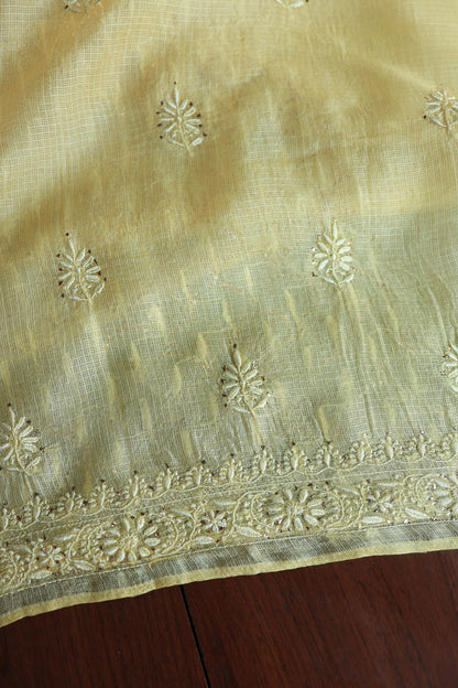 Lemon Yellow Rasm Kota Tussar Chikankari Unstitched Chikankari Fabrics