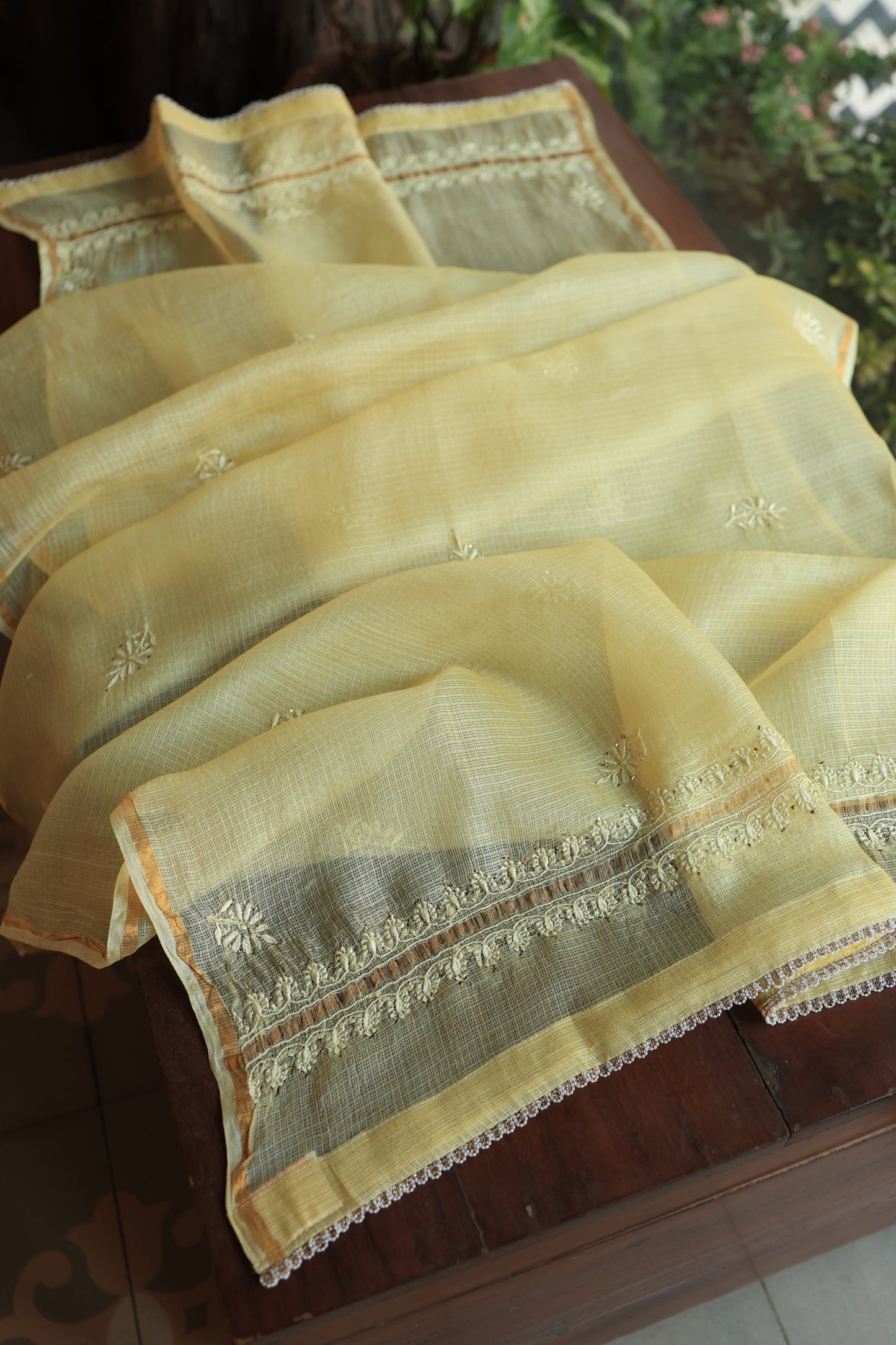 Lemon Yellow Rasm Kota Tussar Chikankari Unstitched Chikankari Fabrics