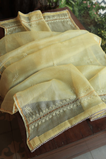 Lemon Yellow Rasm Kota Tussar Chikankari Unstitched Chikankari Fabrics