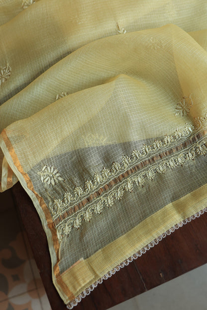 Lemon Yellow Rasm Kota Tussar Chikankari Unstitched Chikankari Fabrics