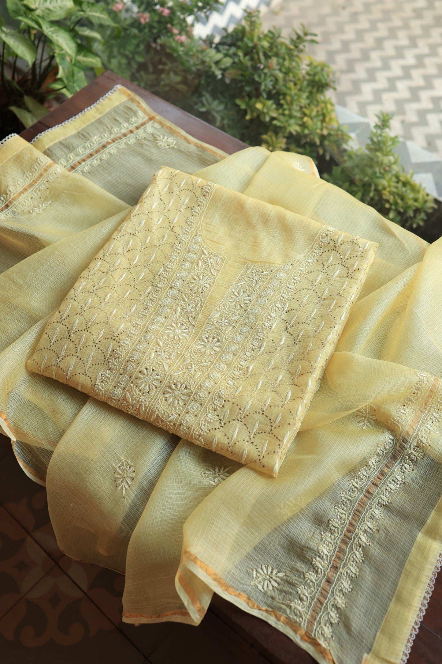 Lemon Yellow Rasm Kota Tussar Chikankari Unstitched Chikankari Fabrics