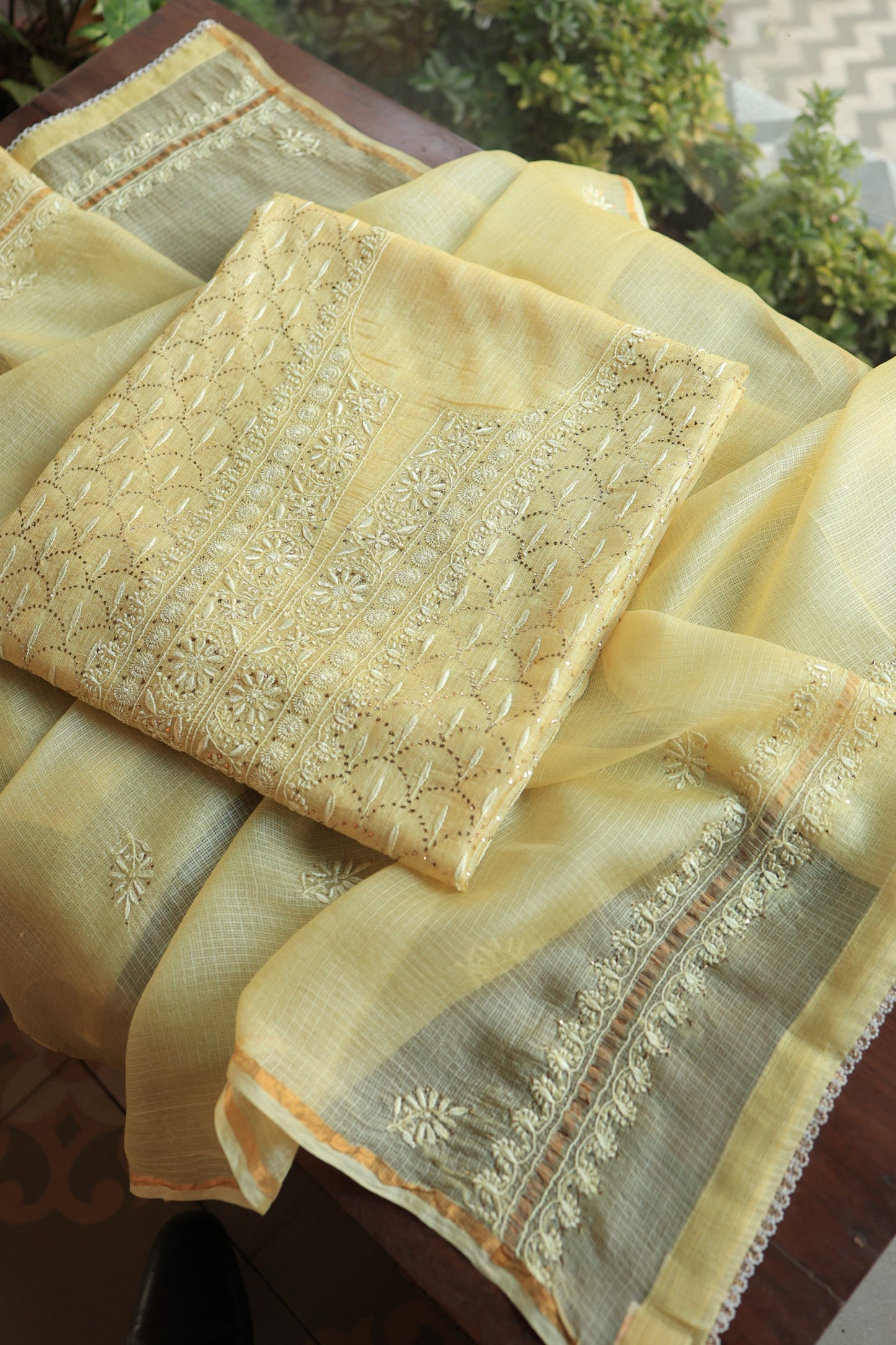 Lemon Yellow Rasm Kota Tussar Chikankari Unstitched Chikankari Fabrics