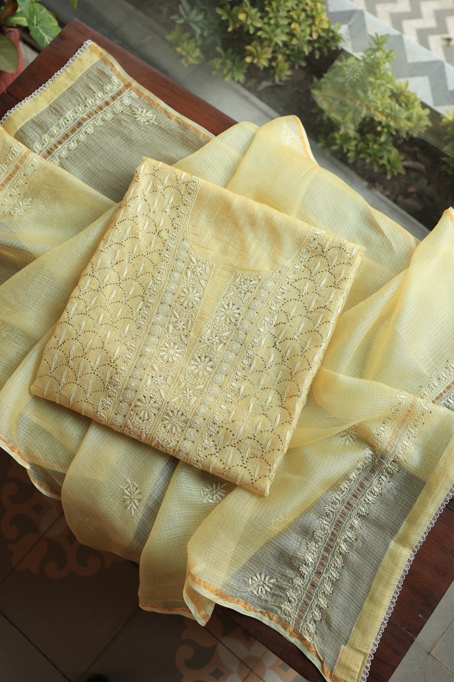 Lemon Yellow Rasm Kota Tussar Chikankari Unstitched Chikankari Fabrics