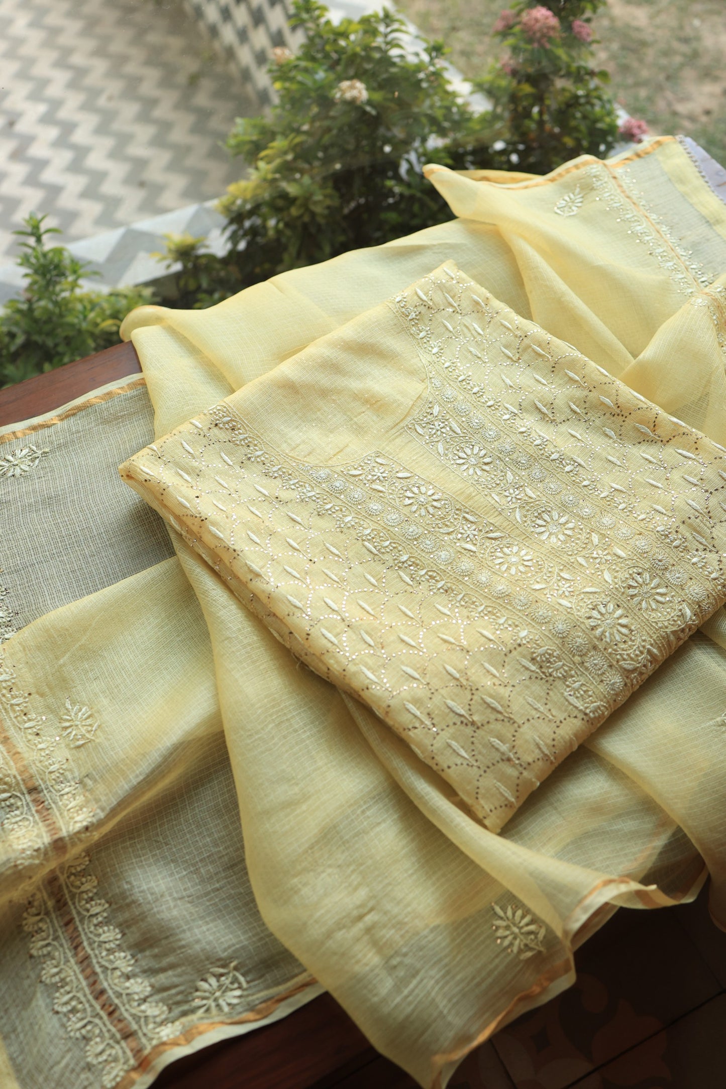 Lemon Yellow Rasm Kota Tussar Chikankari Unstitched Chikankari Fabrics