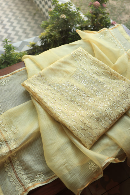 Lemon Yellow Rasm Kota Tussar Chikankari Unstitched Chikankari Fabrics