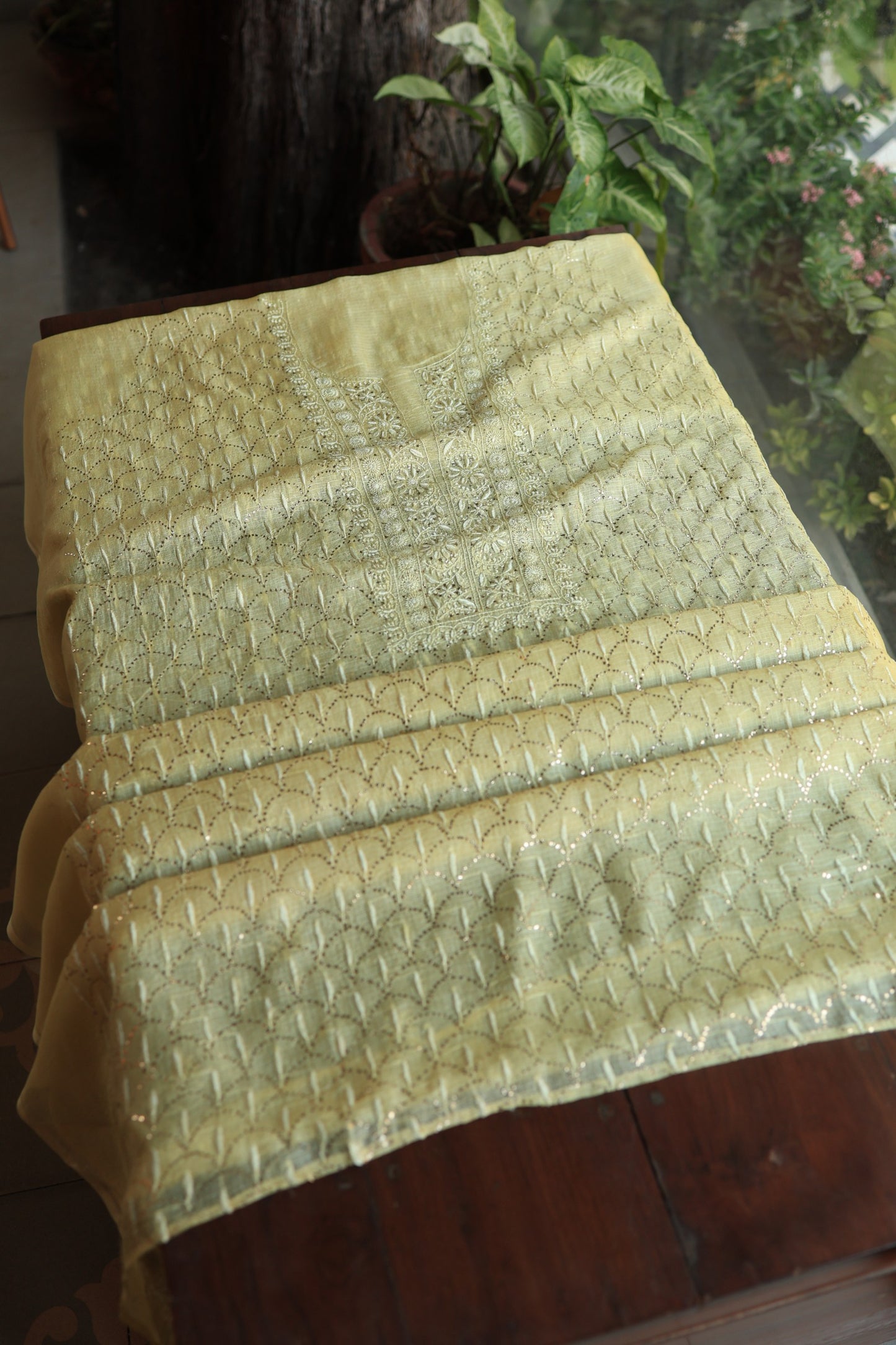 Lemon Yellow Rasm Kota Tussar Chikankari Unstitched Chikankari Fabrics