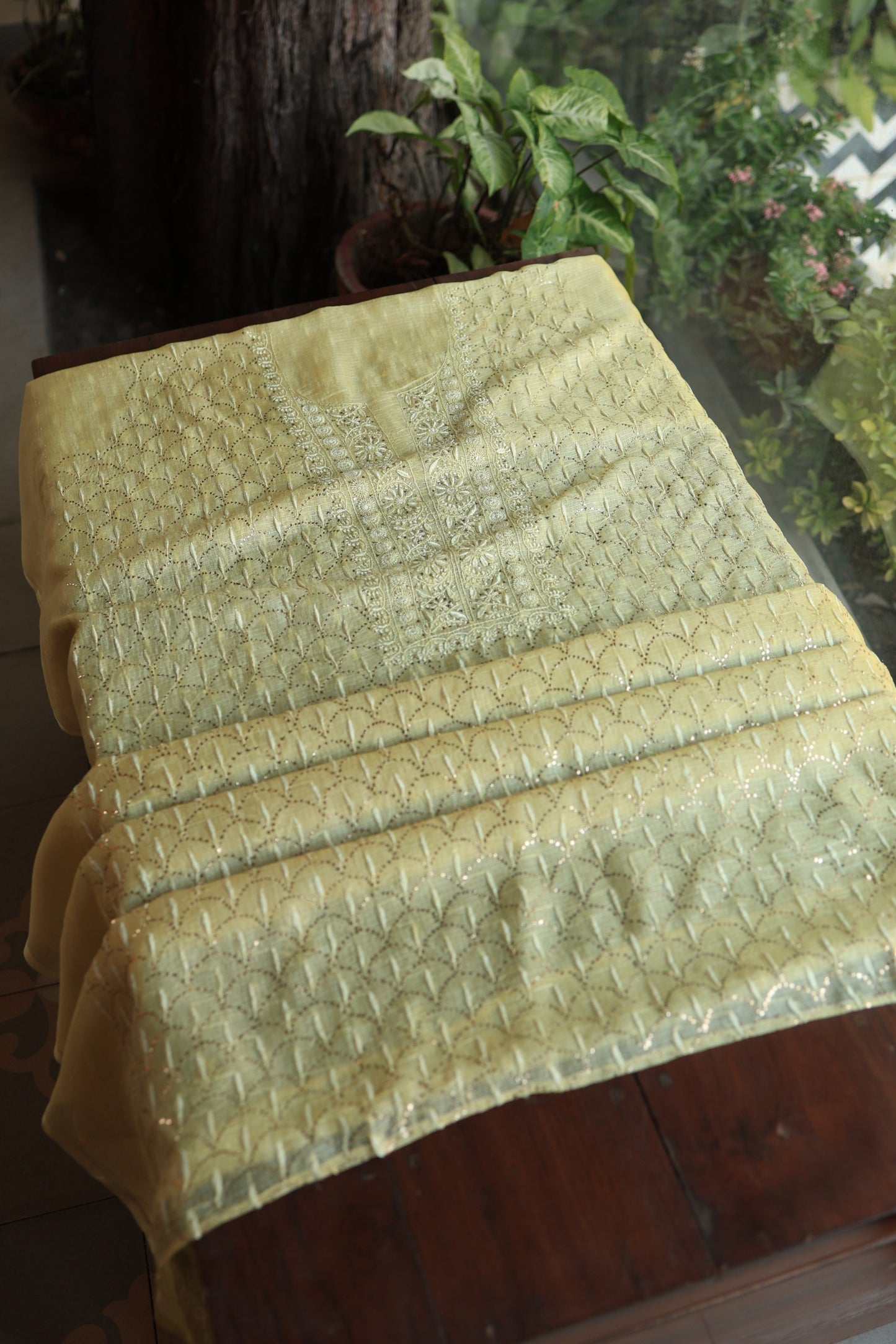 Lemon Yellow Rasm Kota Tussar Chikankari Unstitched Chikankari Fabrics