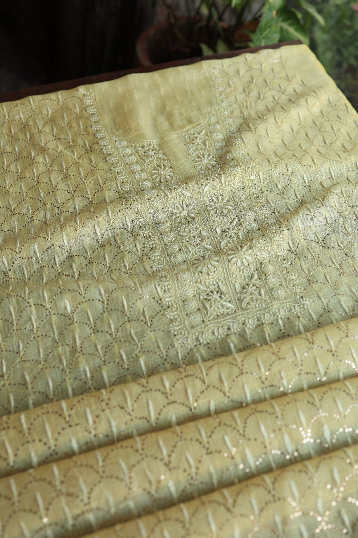 Lemon Yellow Rasm Kota Tussar Chikankari Unstitched Chikankari Fabrics