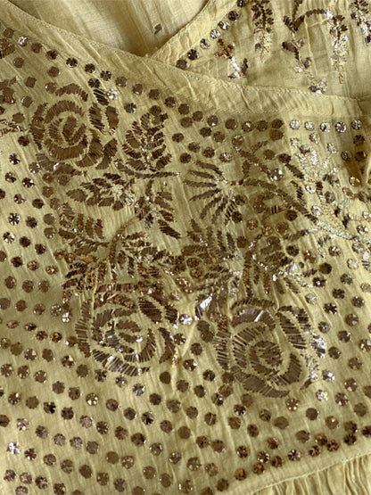 Lemon Yellow Shade Mukaish Kamdani Mul Chanderi Angarkha