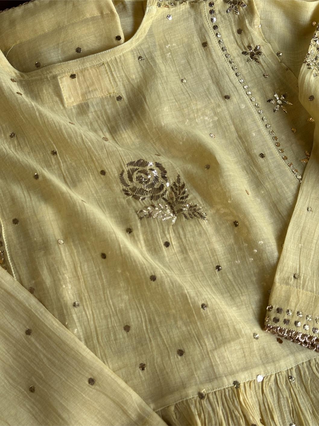 Lemon Yellow Shade Mukaish Kamdani Mul Chanderi Angarkha