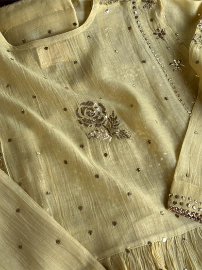 Lemon Yellow Shade Mukaish Kamdani Mul Chanderi Angarkha