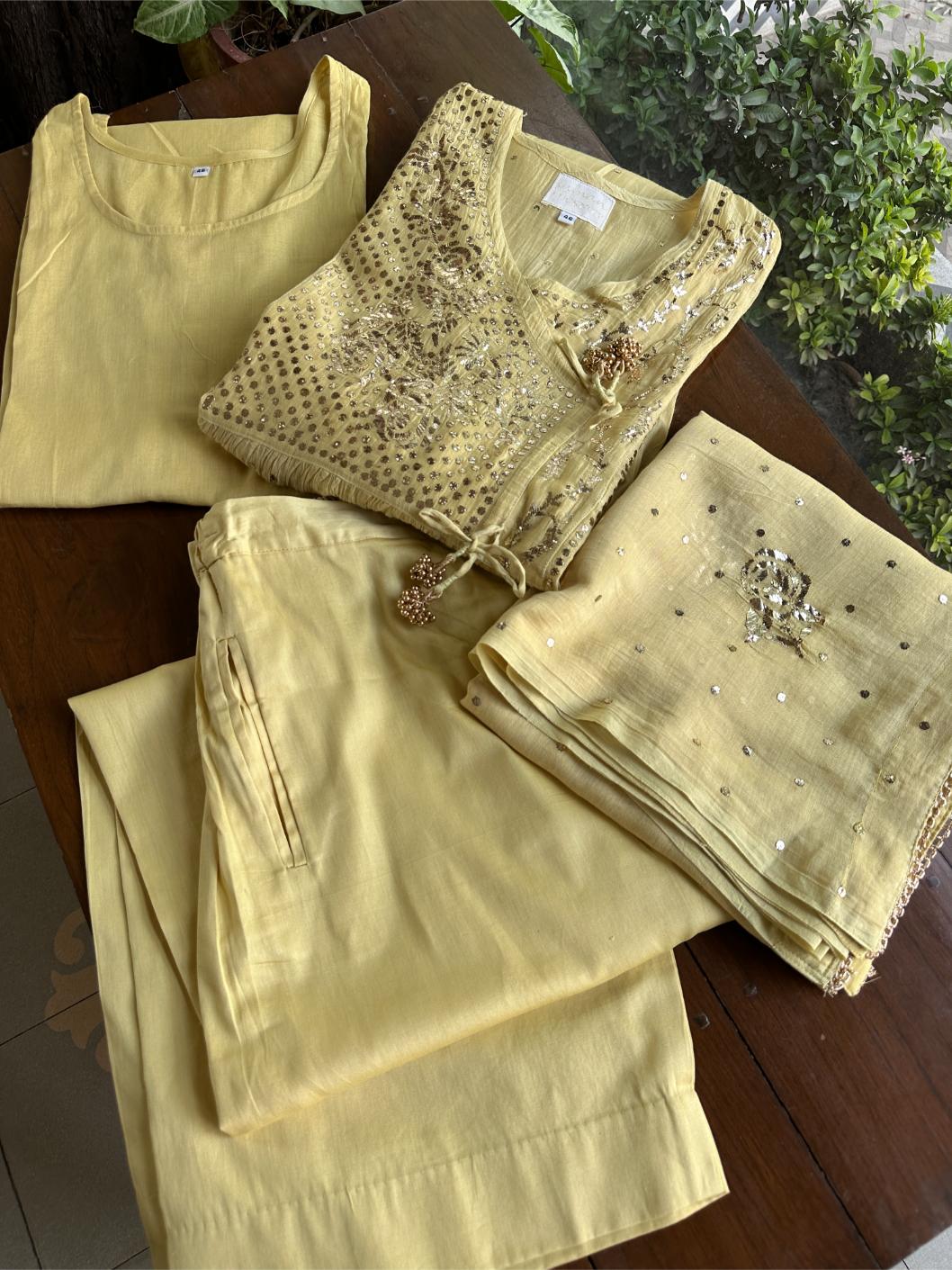 Lemon Yellow Shade Mukaish Kamdani Mul Chanderi Angarkha