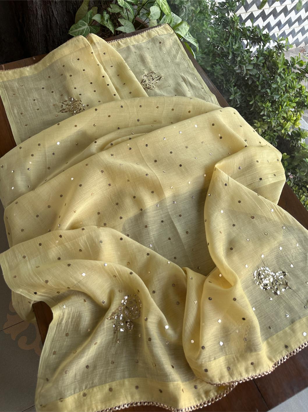 Lemon Yellow Shade Mukaish Kamdani Mul Chanderi Angarkha