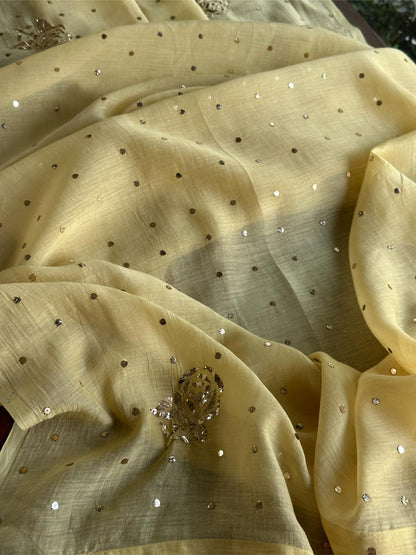Lemon Yellow Shade Mukaish Kamdani Mul Chanderi Angarkha
