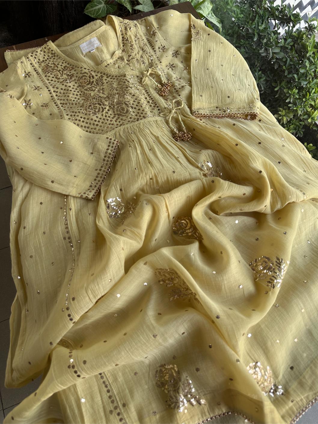 Lemon Yellow Shade Mukaish Kamdani Mul Chanderi Angarkha