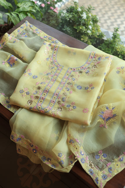 Lemon Yellow Shade Organza Silk Chikankari Unstitched Fabric
