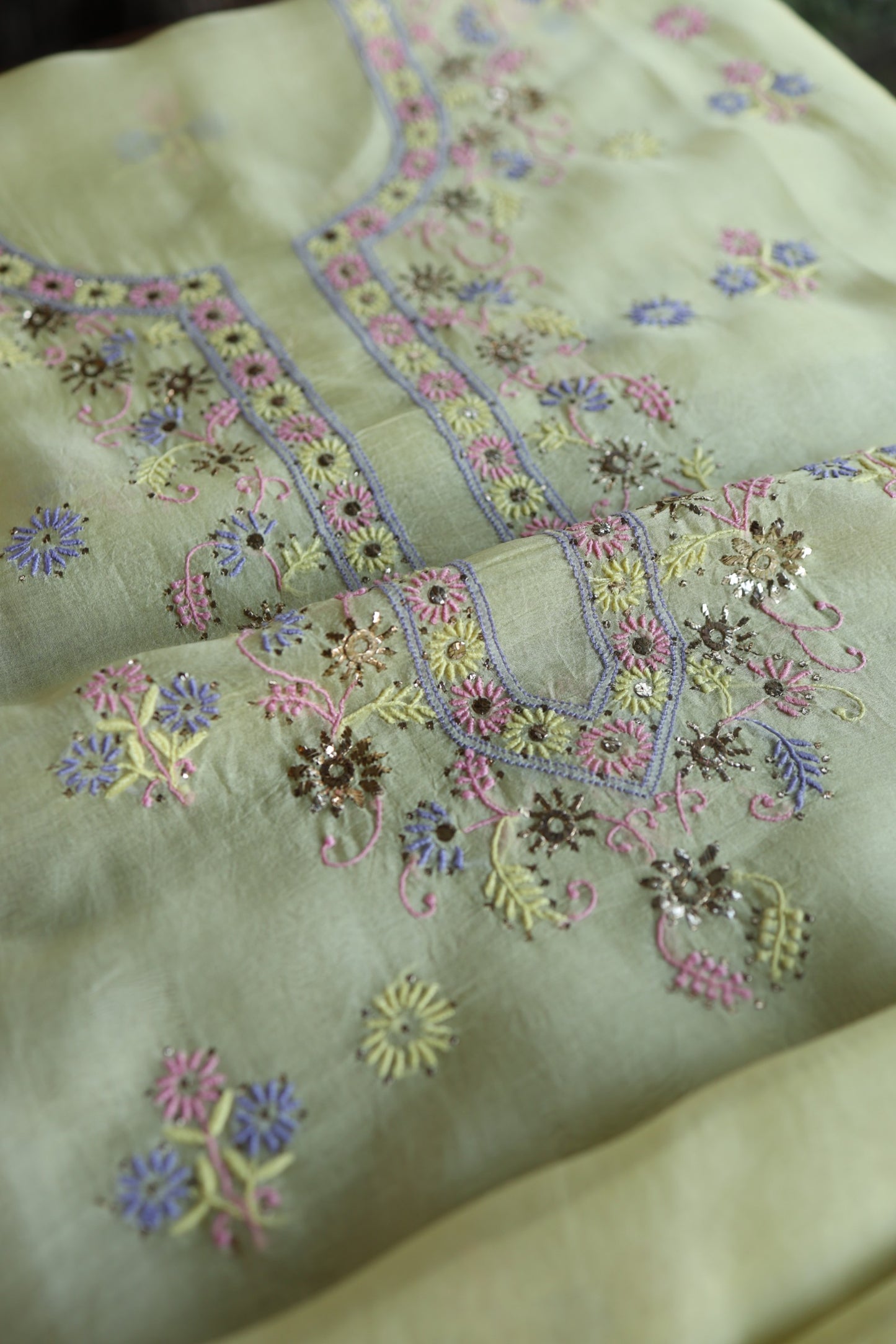 Lemon Yellow Shade Organza Silk Chikankari Unstitched Fabric