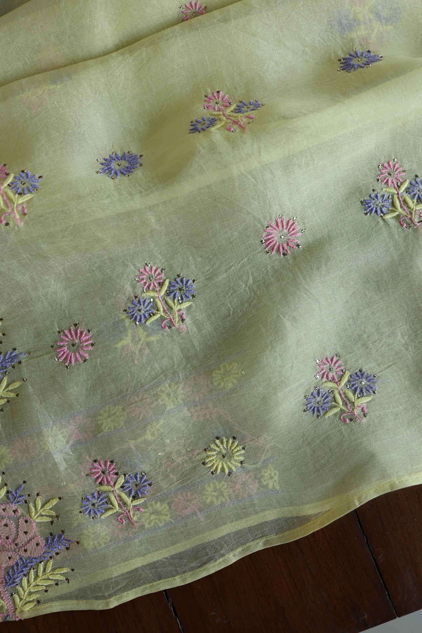 Lemon Yellow Shade Organza Silk Chikankari Unstitched Fabric