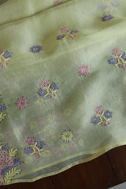 Lemon Yellow Shade Organza Silk Chikankari Unstitched Fabric