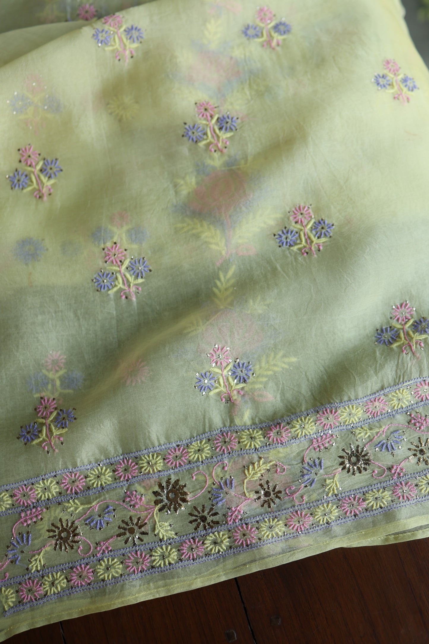 Lemon Yellow Shade Organza Silk Chikankari Unstitched Fabric