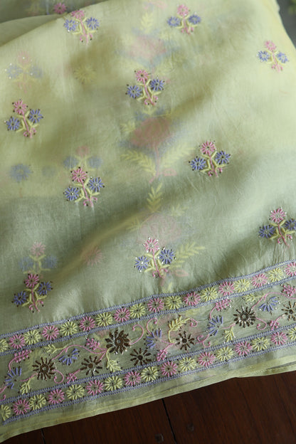 Lemon Yellow Shade Organza Silk Chikankari Unstitched Fabric