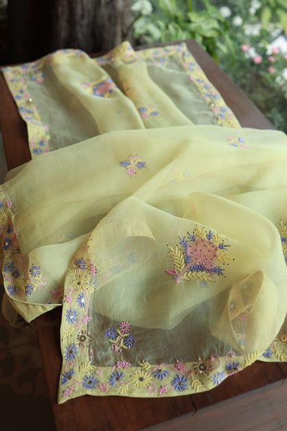 Lemon Yellow Shade Organza Silk Chikankari Unstitched Fabric