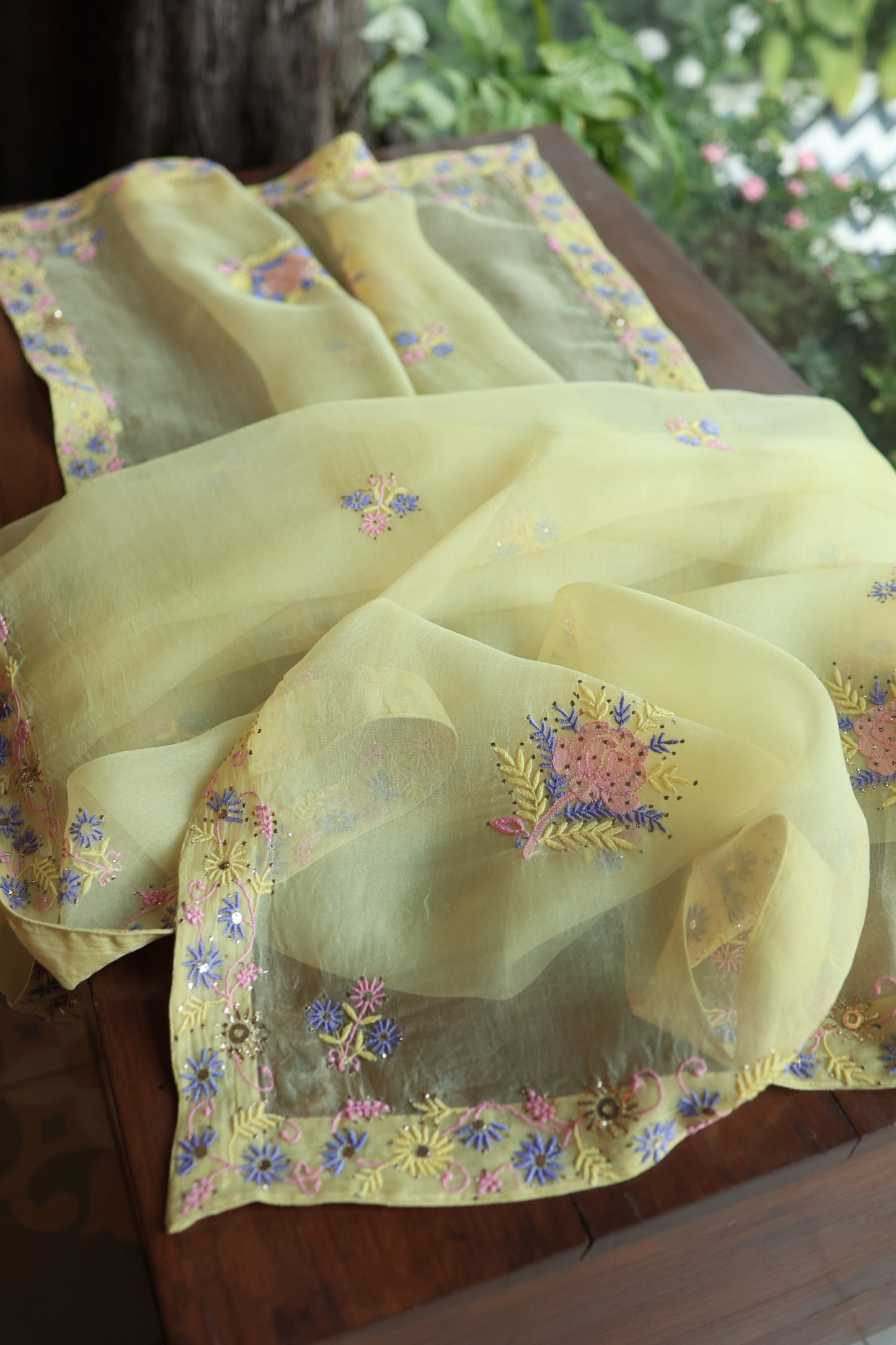 Lemon Yellow Shade Organza Silk Chikankari Unstitched Fabric
