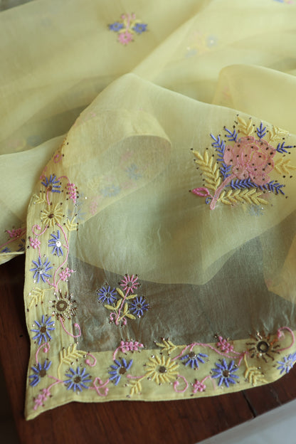 Lemon Yellow Shade Organza Silk Chikankari Unstitched Fabric