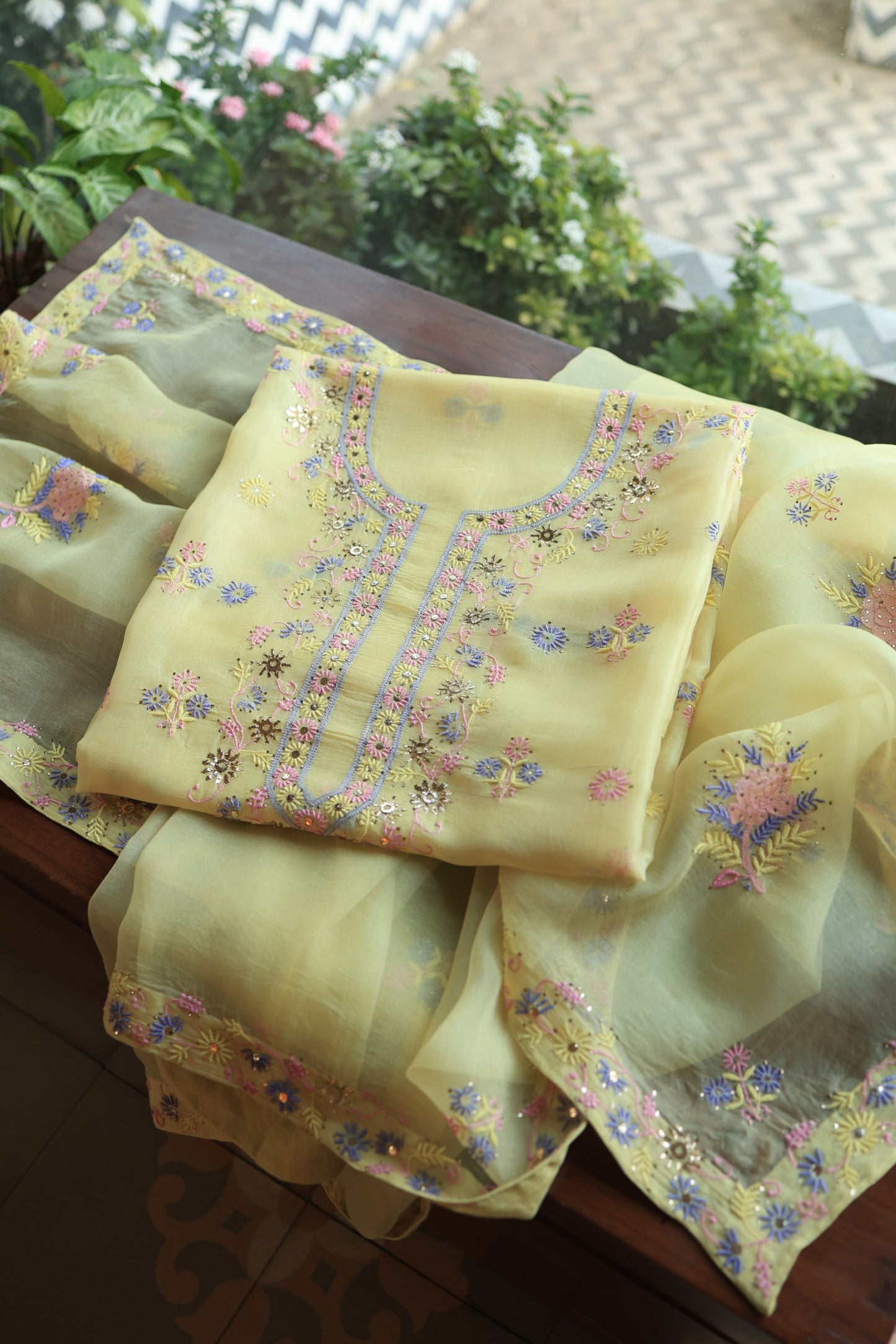 Lemon Yellow Shade Organza Silk Chikankari Unstitched Fabric