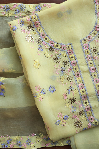 Lemon Yellow Shade Organza Silk Chikankari Unstitched Fabric