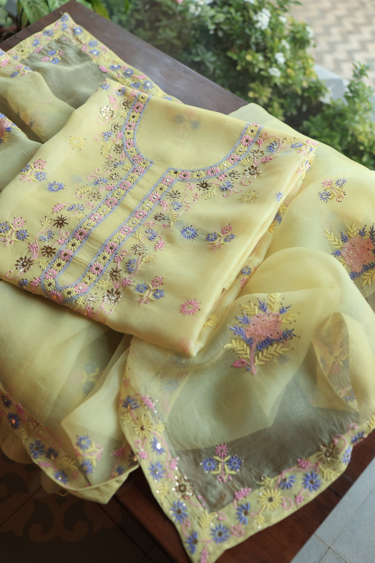 Lemon Yellow Shade Organza Silk Chikankari Unstitched Fabric