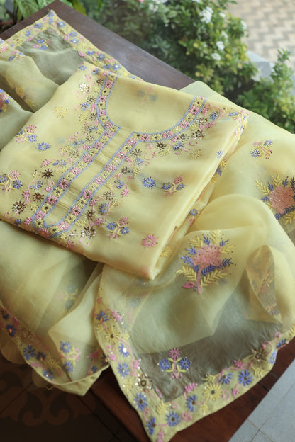 Lemon Yellow Shade Organza Silk Chikankari Unstitched Fabric