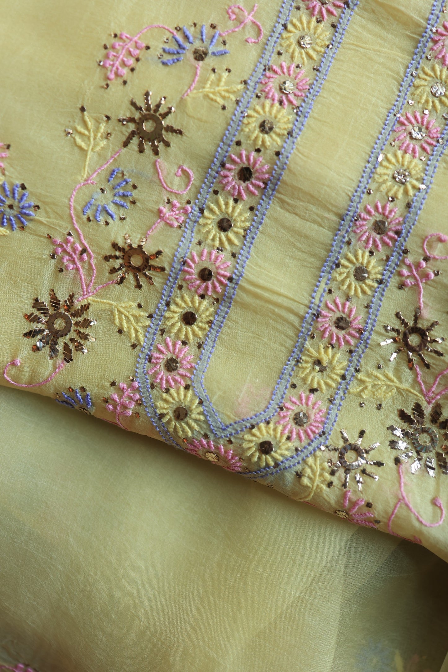 Lemon Yellow Shade Organza Silk Chikankari Unstitched Fabric