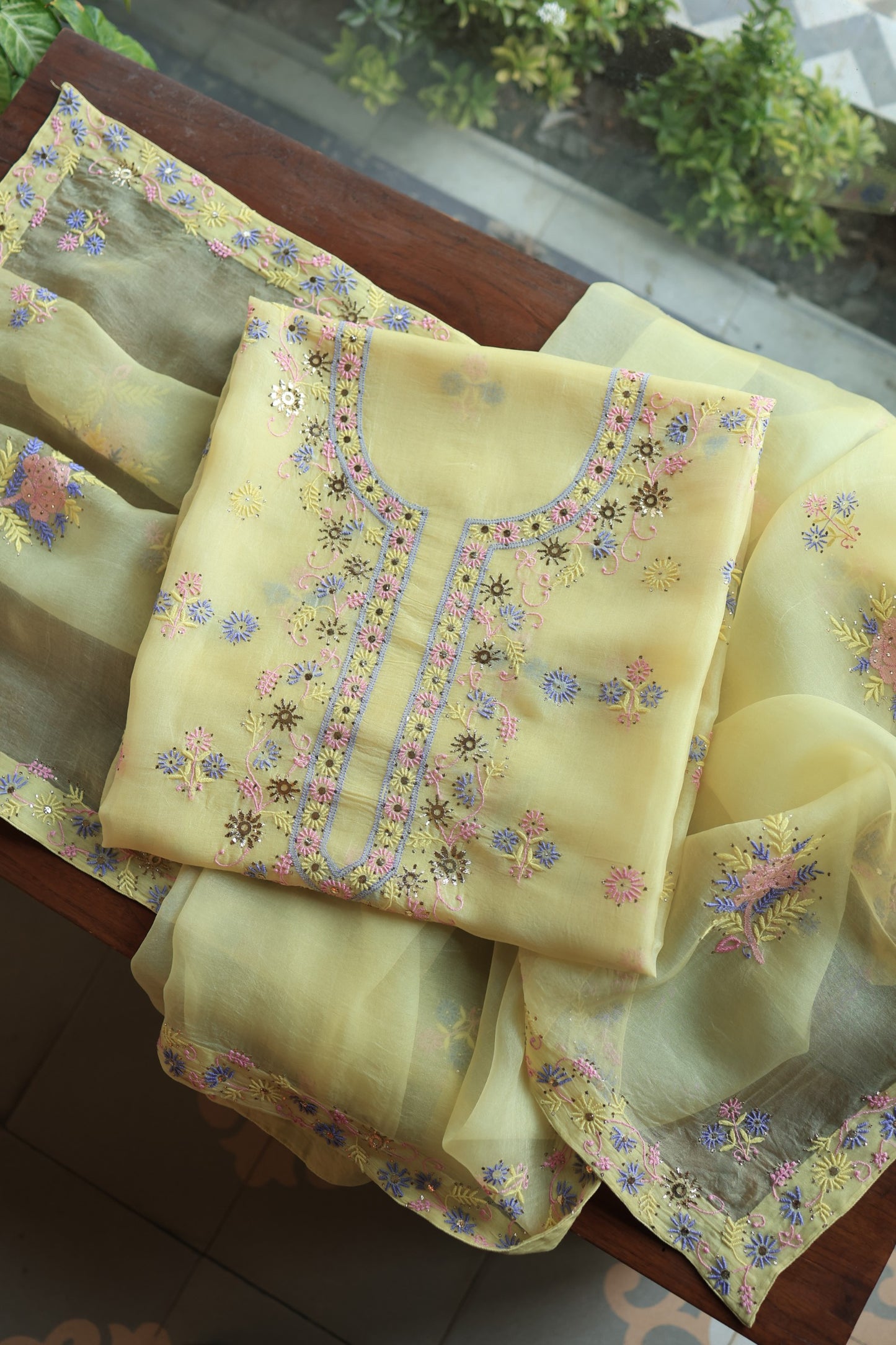 Lemon Yellow Shade Organza Silk Chikankari Unstitched Fabric