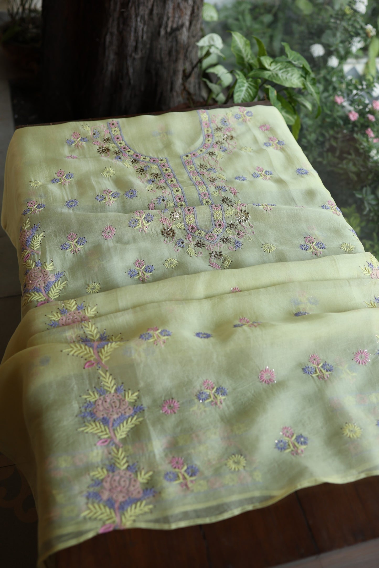Lemon Yellow Shade Organza Silk Chikankari Unstitched Fabric