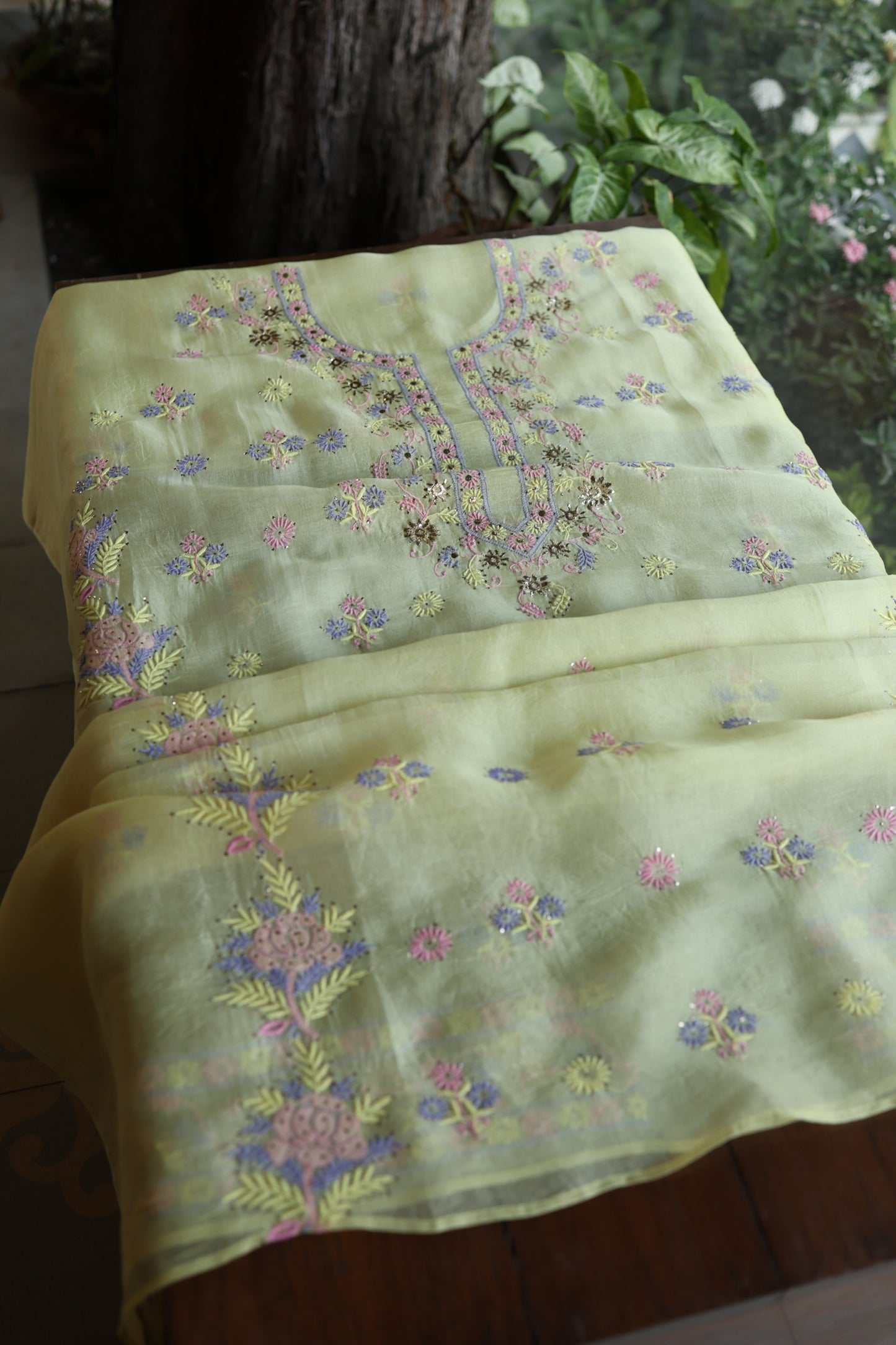 Lemon Yellow Shade Organza Silk Chikankari Unstitched Fabric